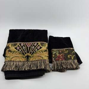 Austin Horn Classics Black Embellished Fringe Decorative Towel 2 Piece Set